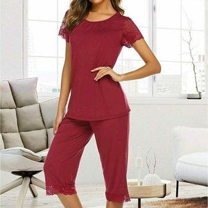 EKOUAER WOMEN'S CAPRI PAJAMA SET LACE SHORT SLEEVE